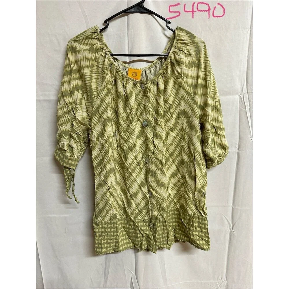 Ruby Rd XL Green Abstract Print Peasant Boho Button Front Rayon Blouse - Picture 1 of 8